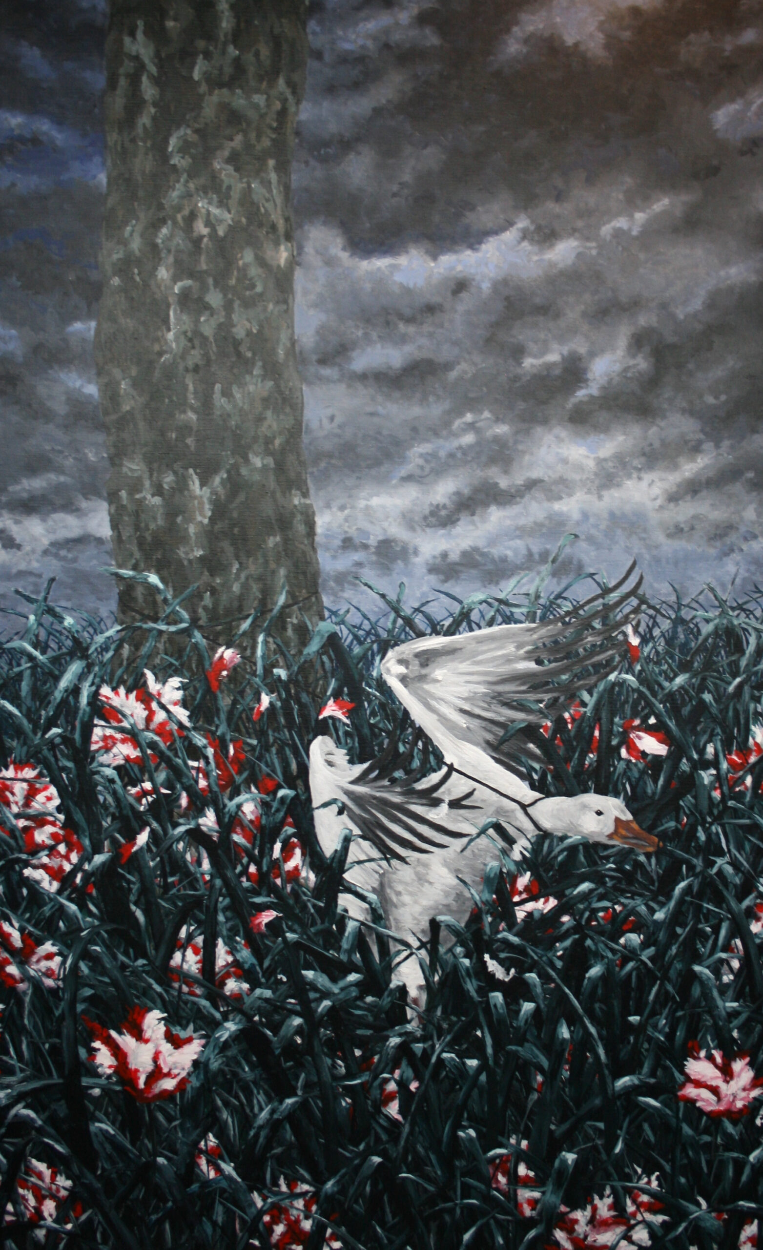 At Clara Lundgrens painting, its center is a white goose, its feathers gleaming against the dark backdrop