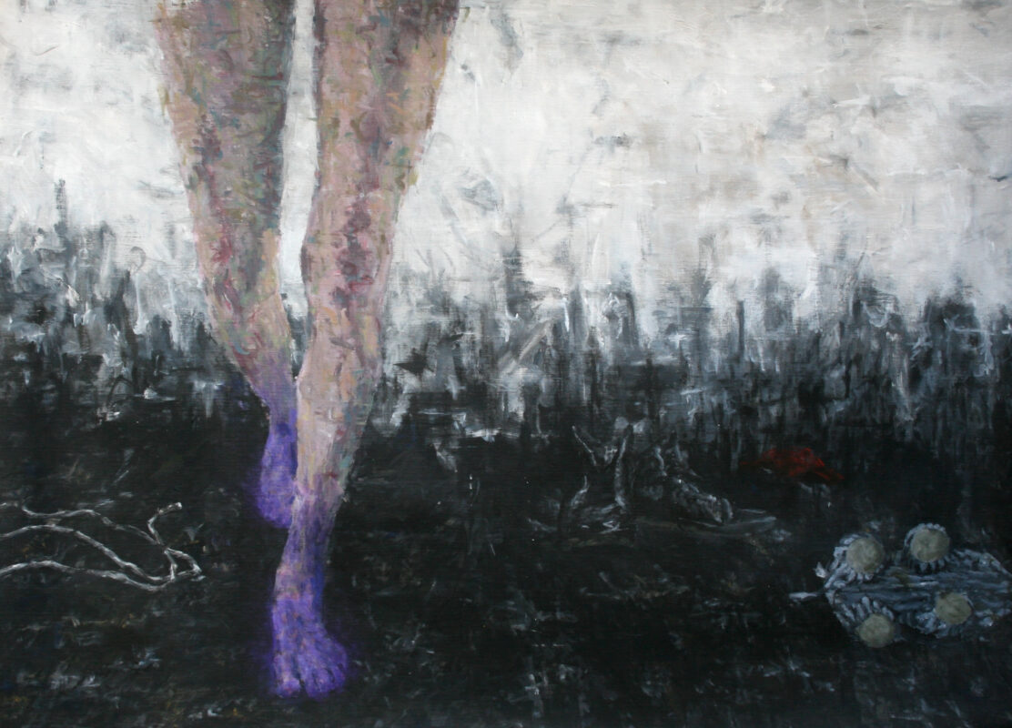 Clara Lundgrens painting depicts a pair of legs walking forward