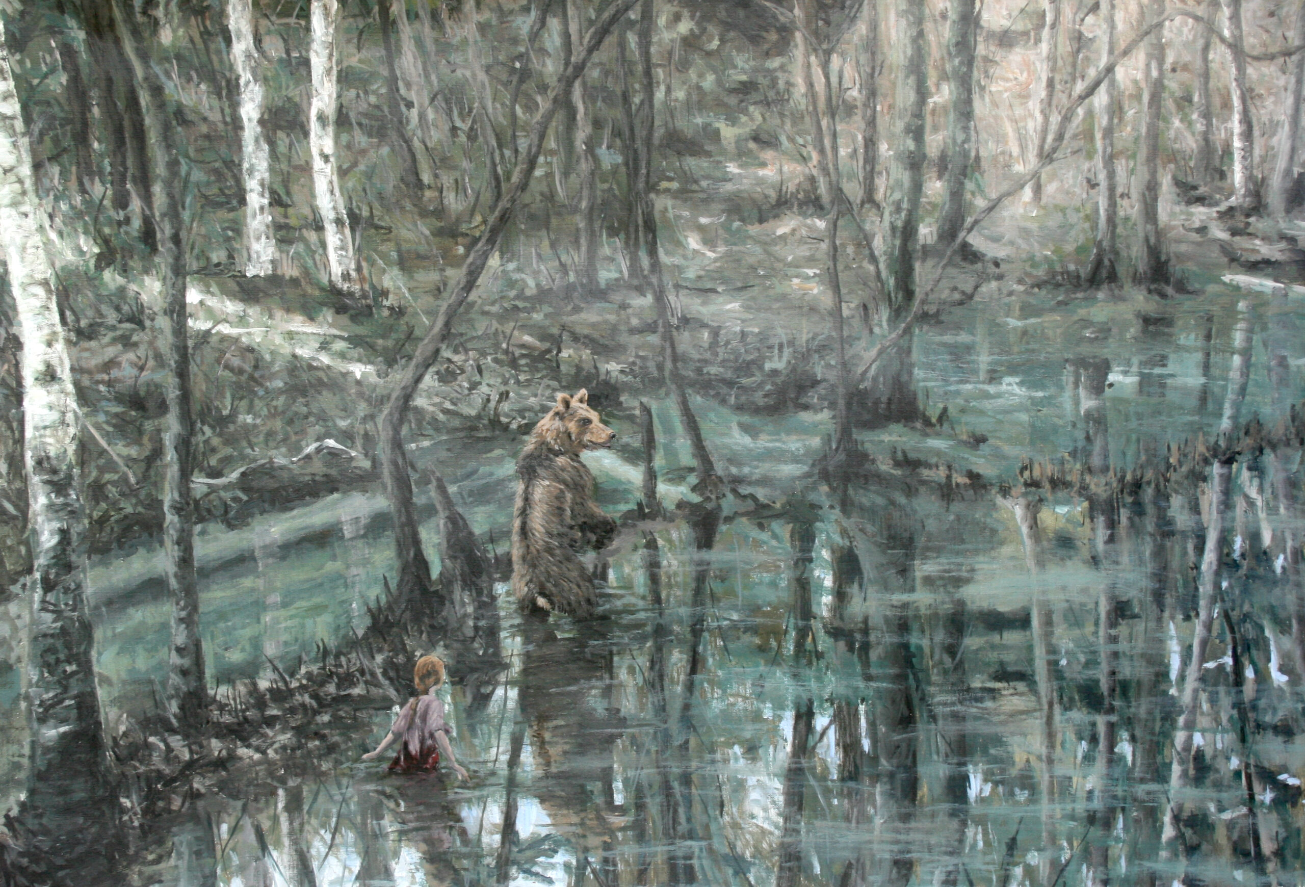 Clara Lundgrens painting depicts a serene forest scene with a body of water in the foreground.