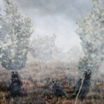 Three birds as the focal point against a backdrop of a hazy, mist-shrouded landscape.