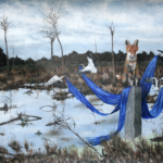 Clara Lundgtens painting of a fox In the center of this watery expanse. A landscape painting that celebrates the beauty of the fox, positioned at the intersection of winter and spring.