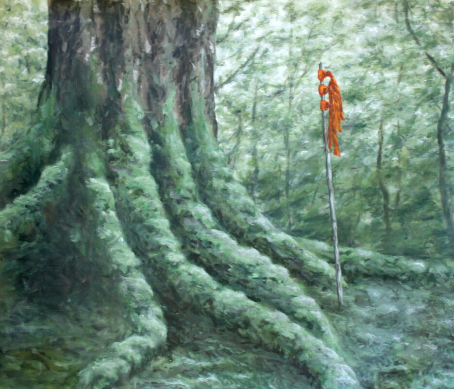 Clara Lundgrens evocative painting captures the essence of an ancient forest, focusing on the base of a majestic tree.