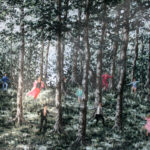 A painting of people running in the woods